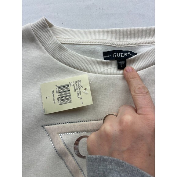 NWT Guess Rhinestone Pony Hair Logo Sweatshirt Large Cream White Fleece Cropped - Picture 2 of 5